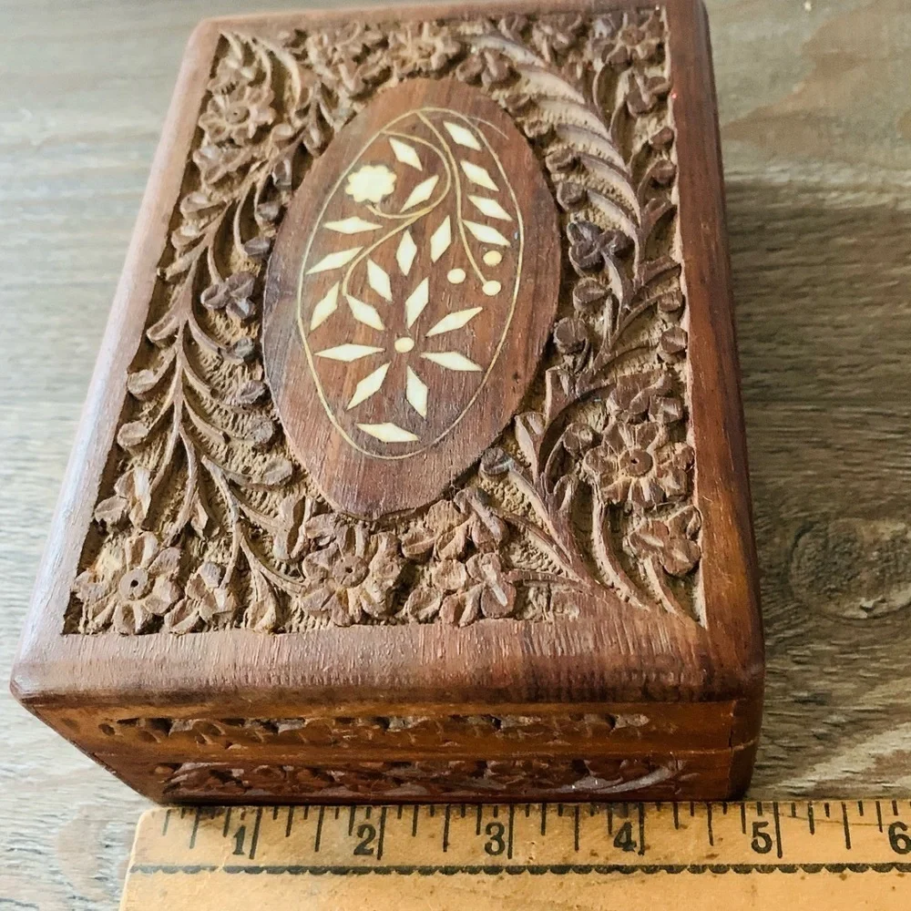 Vintage Hand Carved Wooden And Inlaid Trinket Box From India
